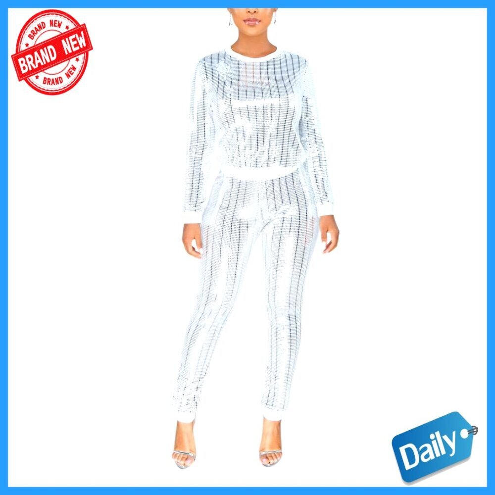 Sequins Metallic Two Piece Set Long Sleeve Top Skinny Pants Stretchy Glam
